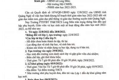 Thông báo v/v Tựu trường và tổ Chức lễ khai giảng năm học mới 2022 – 2023