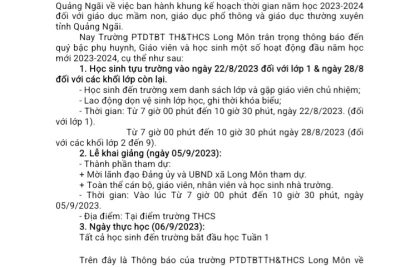 Thông báo lịch tựu trường năm học 2023 – 2024
