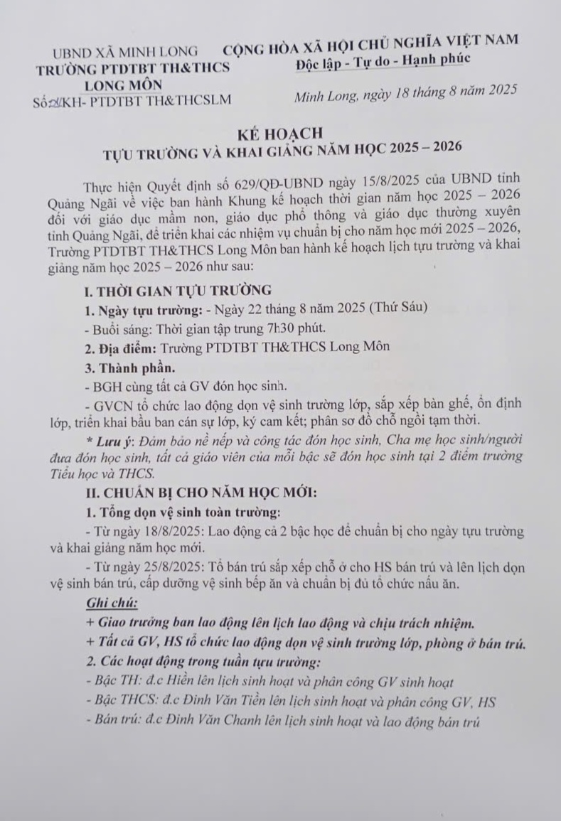 Kế hoạch tựu trường và khai giảng năm học 2025 – 2026